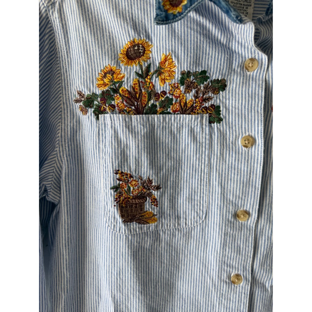Cabin Creek Woman's Small Blue White Striped Sunflower Fall Embroidered Shirt - Picture 10 of 10